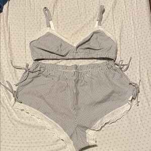 Colsie Gray and White Striped Lounge/Pajama Set with Lace